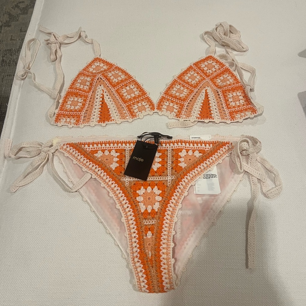 Maje Orange and Cream Crochet Tie-Side Bikini